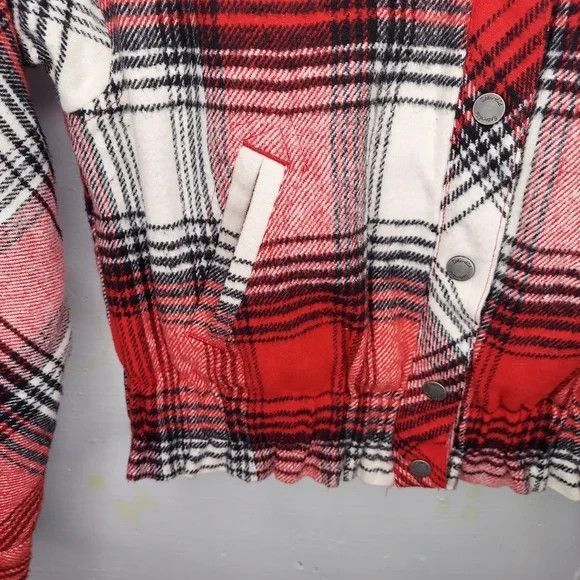 Splendid Bomber Jacket Red Plaid Flannel Fleece-Lined Collar Snap Button Elastic - Picture 4 of 10